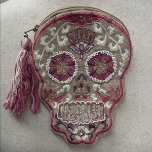 Embroidered Beaded Skull Coin Purse with Tassel